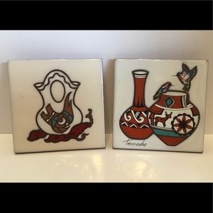 Pair Of Cleo Teissedre Tile Coasters Wall Hangings Hummingbirds Pottery Peppers